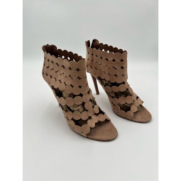 Alaia Paris Laser Cut Suede Booties Sandals Heels Nude Made in Italy 37.5